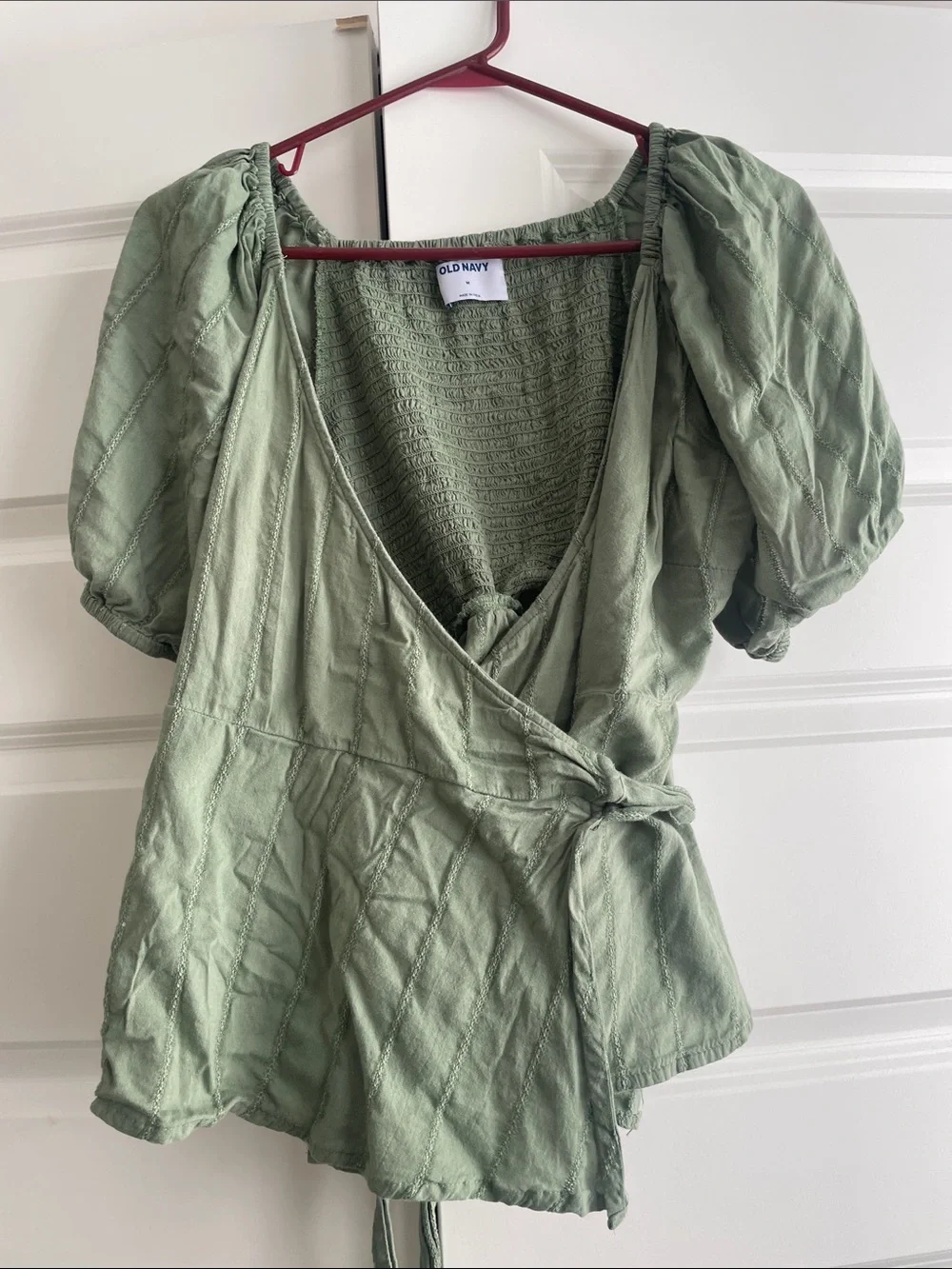 Old Navy Light Sage Green Wrap Top with Puff Sleeves